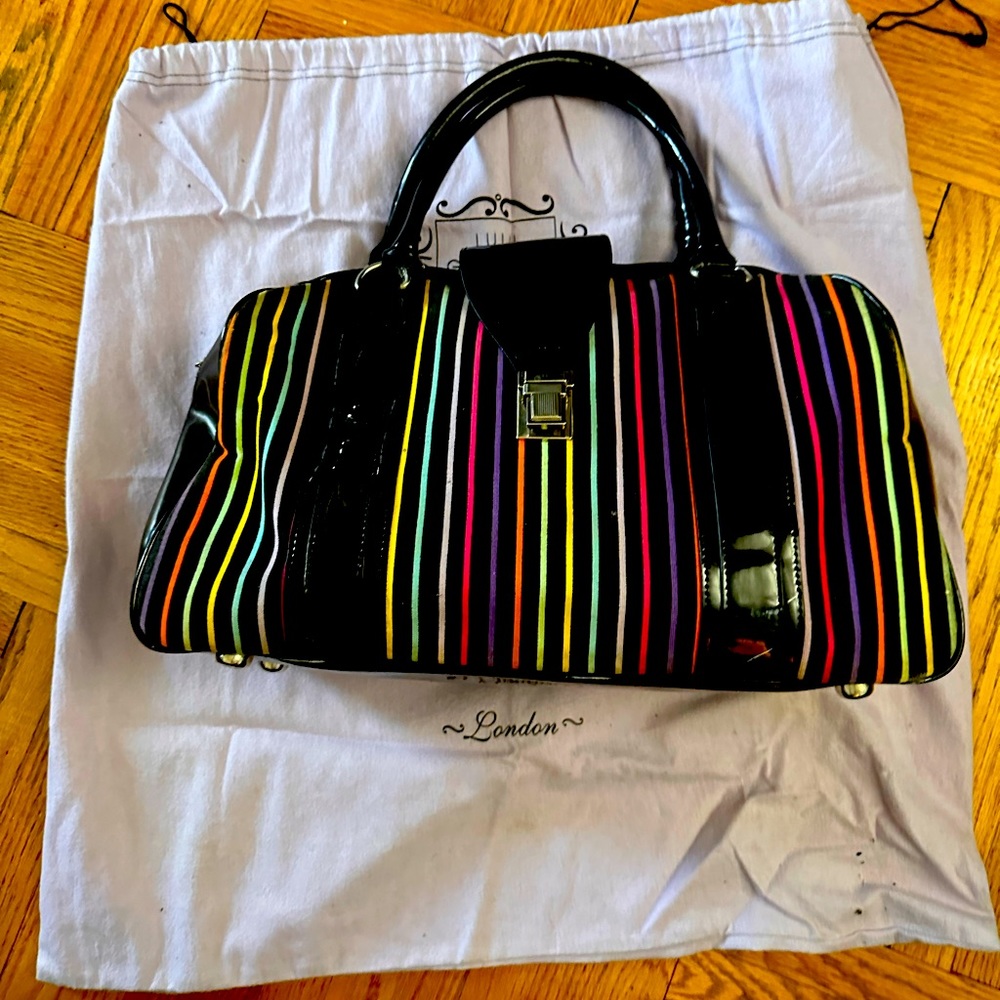 Vintage Lulu Guinness black patent leather and cloth rainbow doctor bag.